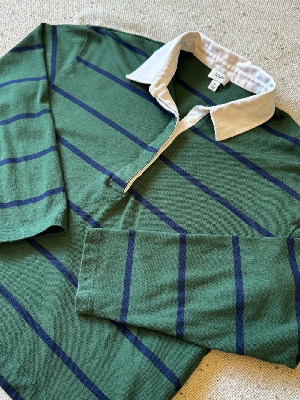 J.Crew Women’s M Rugby Shirt Green Navy Stripe White Collar Cotton